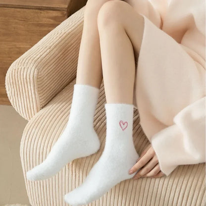 Thickened Middle Tube Socks Mink Fur Pink Embroidered Heart-shaped Women Autumn Winter Warm Sleep Home Solid Color Plush Sock