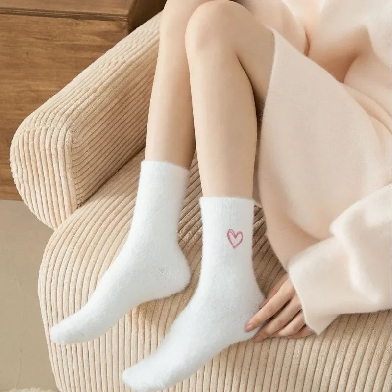 Thickened Middle Tube Socks Mink Fur Pink Embroidered Heart-shaped Women Autumn Winter Warm Sleep Home Solid Color Plush Sock