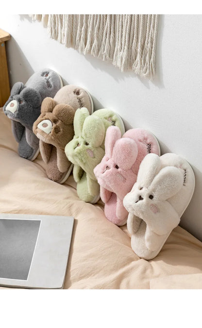 Women Winter Home Slippers Non-Slip Soft Warm House Shoes Men Ladies Indoor Bedroom Couples Cartoon Rabbit Bear Floor Slides