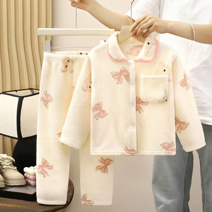 Boys Girls Autumn Winter Soft Flannel Pajamas Sets Toddler Baby Cute Cartoon Lapel Coat with Pants Pyjamas Kids Casual Sleepwear