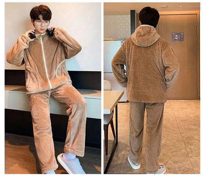 6XL 7XL 8XL Winter Men's Hooded Homewear Heavy Plus Velvet Zipper Cardigan Plus Size Pajamas Pants Keep Warm White Black Suit