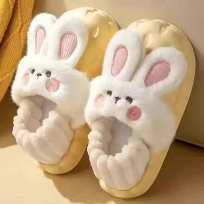 Women's Home Slippers Rabbit Fur Cotton Warm Anti-Slip Winter Outdoor Wearable Sweet Style Soft Cotton Lined House Shoes