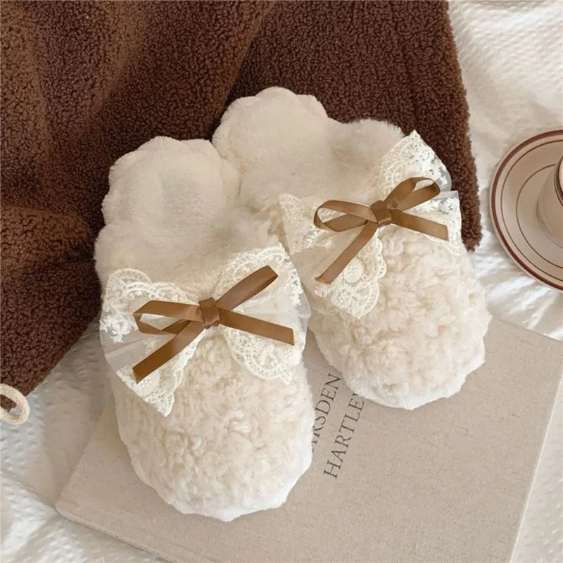 Winter Warm Fur Slippers for Women Cute Bow House Non Slip Soft Shoes Comfort Flat Heel Home Indoor Bedroom Plush Cotton Slides