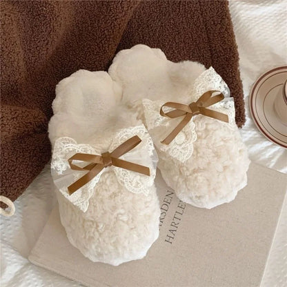 Winter Warm Fur Slippers for Women Cute Bow House Non Slip Soft Shoes Comfort Flat Heel Home Indoor Bedroom Plush Cotton Slides