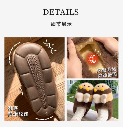 Cute Bee Winter Home Plush Slippers Women's Cotton Slippers Low Heel Soft Bottom Home Shoes Anti-slip Furry Comfortable Footwear