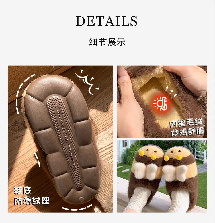 Cute Bee Winter Home Plush Slippers Women's Cotton Slippers Low Heel Soft Bottom Home Shoes Anti-slip Furry Comfortable Footwear