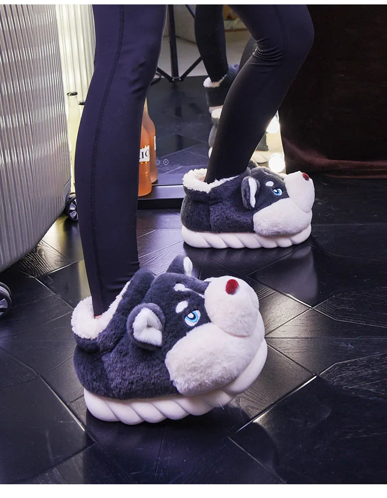 Men Indoor Cotton Slippers Cute Cartoon Dog Winter Warm Shoes Couples Home Floor Slides Anti-slip  Female Male House Footwear