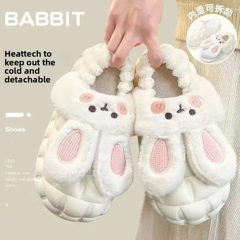 Women's Home Slippers Rabbit Fur Cotton Warm Anti-Slip Winter Outdoor Wearable Sweet Style Soft Cotton Lined House Shoes