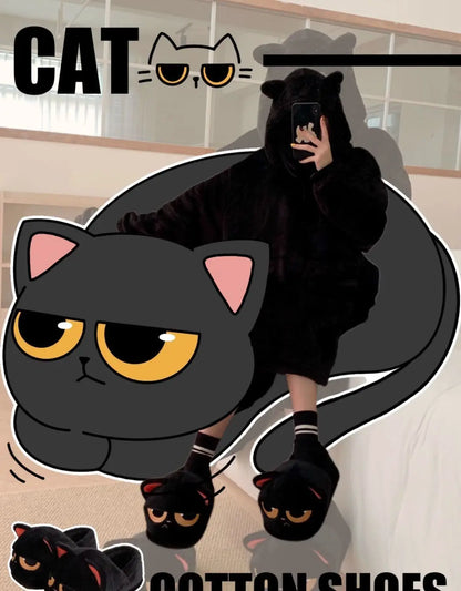 Winter black unhappy kitty slippers women men indoor home slides shoes ladies fun fuzzy kitten slipper cat lovers indoor shoes