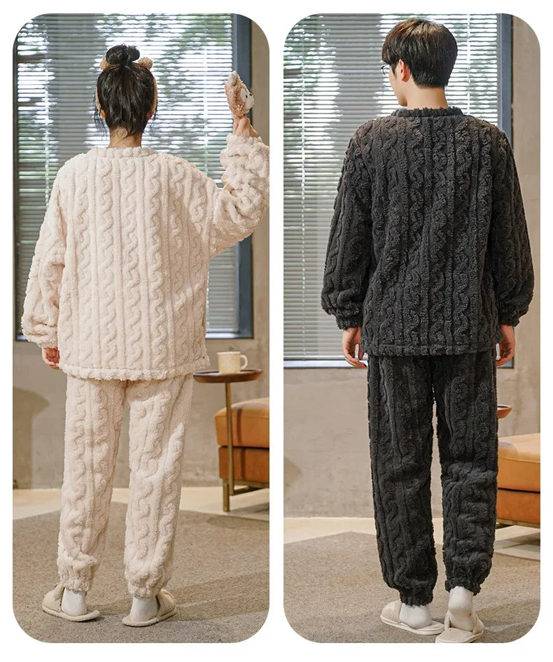 Thickened Coral Fleece Long Sleeve Sleepwear for Couples Spring Autumn Winter Flannel Warm Home Clothes Men Women Winter Home Py