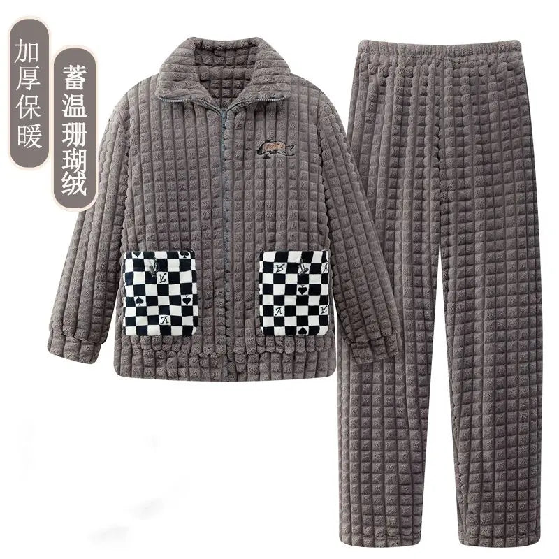 2025 Autumn Winter Coral Fleece Thickened Flannel Sleepwear Home Clothes Set for Men Breathable Long Sleeve Long Pants Pajamas