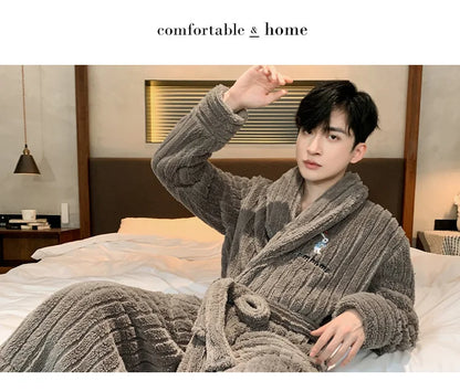 Turn-down V-neck Robes for Men 2025 New Winter Warm Flannel Robes Solid Soft Thick Fleece Sleepwear Male Casual Loose Home Wear