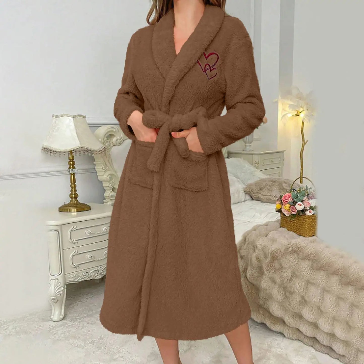 Women'S Long Sleeved Autumn And Winter Warm Bathrobe Home Clothes Plush Sleeping Robe Home Clothes For Home Wear