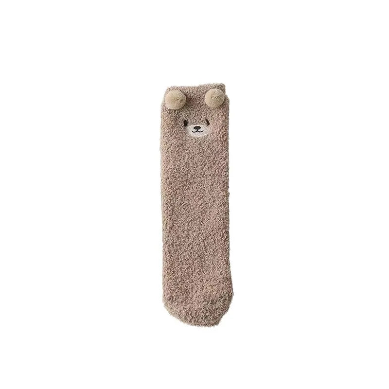 6 pairs of autumn winter coral fleece socks warm bear thick embroidery cartoon simple  comfortable mid tube socks