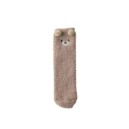 6 pairs of autumn winter coral fleece socks warm bear thick embroidery cartoon simple  comfortable mid tube socks