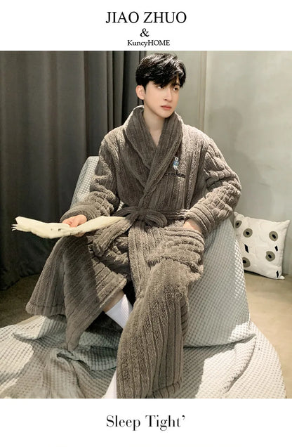 Turn-down V-neck Robes for Men 2025 New Winter Warm Flannel Robes Solid Soft Thick Fleece Sleepwear Male Casual Loose Home Wear