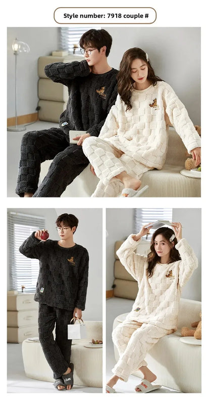 Thickened Coral Fleece Long Sleeve Sleepwear for Couples Spring Autumn Winter Flannel Warm Home Clothes Men Women Winter Home Py