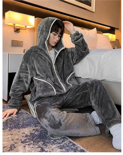 6XL 7XL 8XL Winter Men's Hooded Homewear Heavy Plus Velvet Zipper Cardigan Plus Size Pajamas Pants Keep Warm White Black Suit