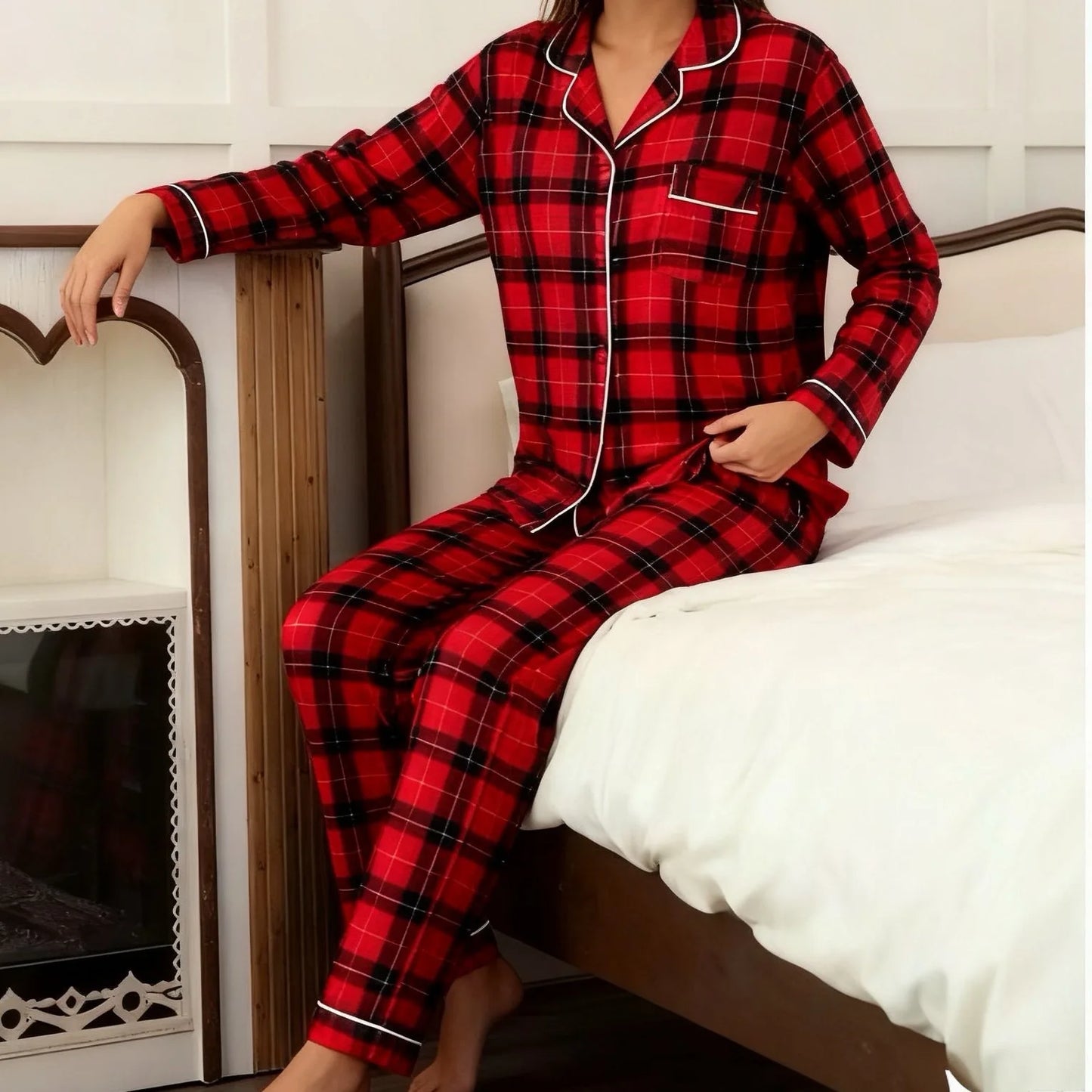 Casual Plaid Pajamas For Women Two Pieces Sleepwear Women's Pajama Trousers Loungewear Sets Nightwear Female Home Suit Clothes