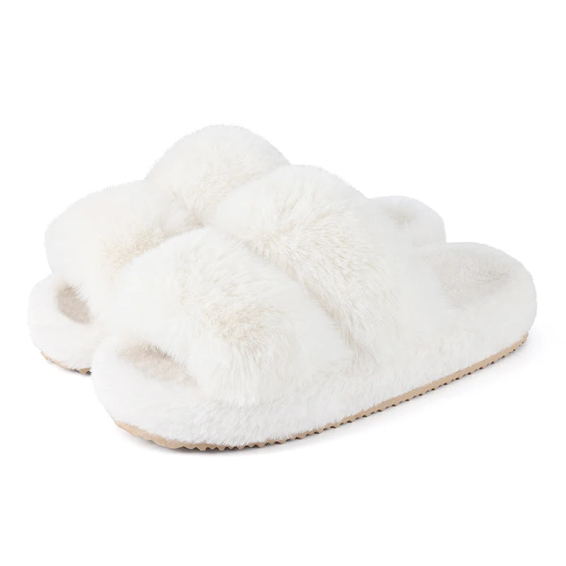 Evshine New Open Toe Fluffy Slippers Indoor Warm Fur Female Slides Fashion Plush Women House Shoes Women Winter Fuzzy Slippers