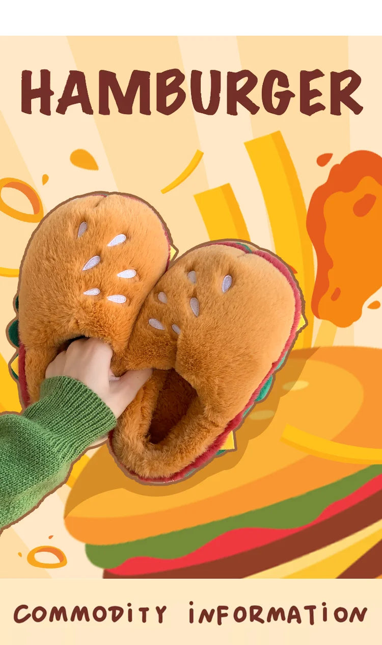 Hamburger cotton slippers for women in winter, new home bag and warm plush couple cotton shoes for women