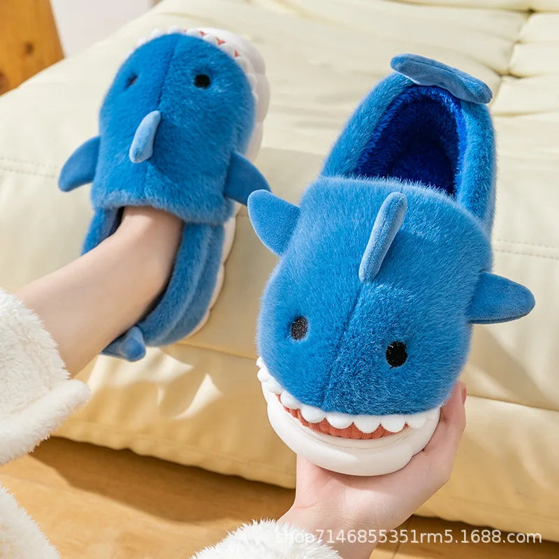 Warm Anti-Slip Plush Slippers Shark Style Women's Winter Home Wear Outdoor Fashionable Cotton Shoes Men's Comfortable Slip-On