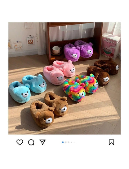 2025 Women's Home Slippers Sweet Fluffy Rainbow Bear Lady slippers indoor Anti slip lightweight keep warm Winter House Shoes 44