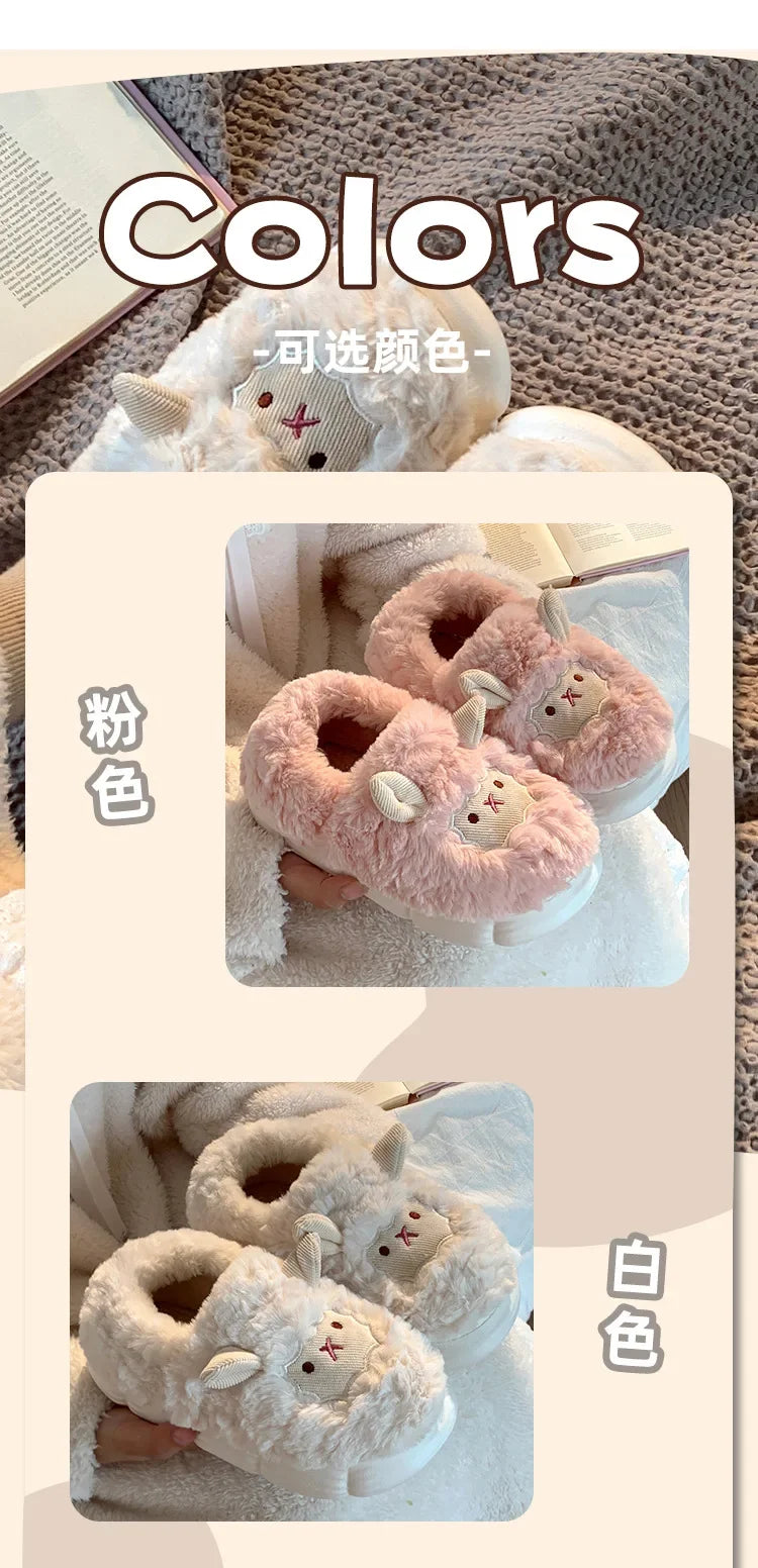 Winter Cartoon Plush Slippers Warm Fluffy Faux Fur Sheep Design Indoor Home Couple Cotton Slippers for Men And Women