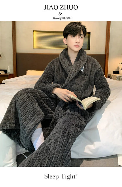 Turn-down V-neck Robes for Men 2025 New Winter Warm Flannel Robes Solid Soft Thick Fleece Sleepwear Male Casual Loose Home Wear