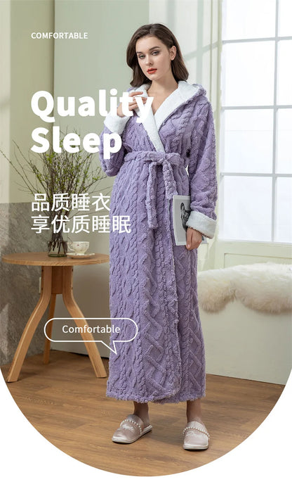 Thick Women Warm Bathrobe Solid Hooded Warm Ladies Dressing Gown Long Sleeve Flannel Bath Robe For Female