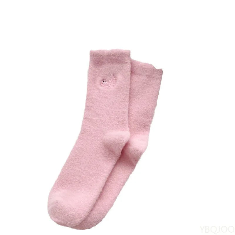 3 pairs of thick socks for women in autumn winter thick plush warm mid tube socks cartoon cute cat comfortable socks