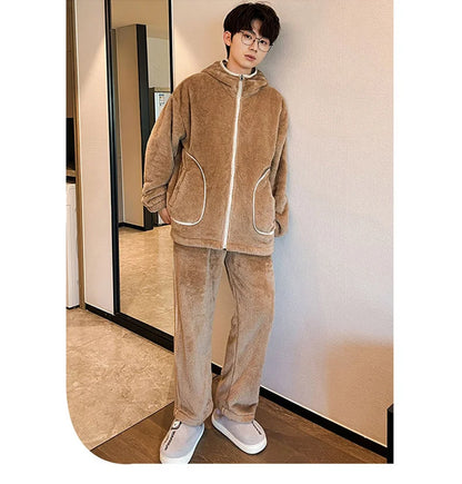 6XL 7XL 8XL Winter Men's Hooded Homewear Heavy Plus Velvet Zipper Cardigan Plus Size Pajamas Pants Keep Warm White Black Suit