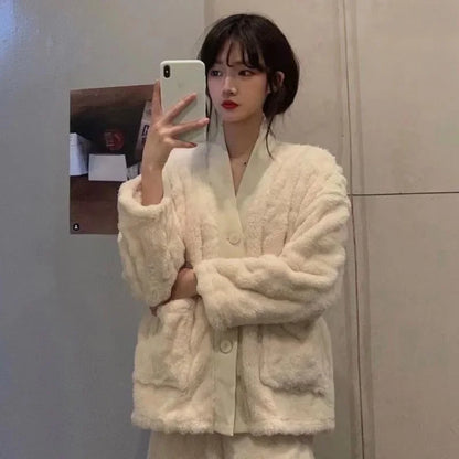 Winter Plush Fleece Thickened Flannel Sleepwear Set Women's Home Clothes Warm Cozy Breathable Long Sleeve Long Pants Home Lei...