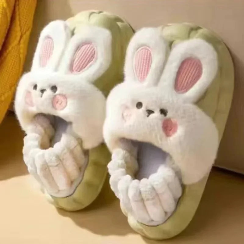 Women's Home Slippers Rabbit Fur Cotton Warm Anti-Slip Winter Outdoor Wearable Sweet Style Soft Cotton Lined House Shoes