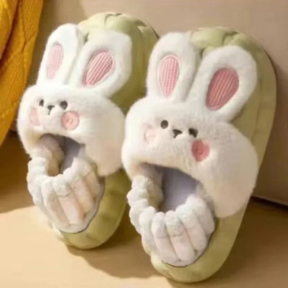 Women's Home Slippers Rabbit Fur Cotton Warm Anti-Slip Winter Outdoor Wearable Sweet Style Soft Cotton Lined House Shoes