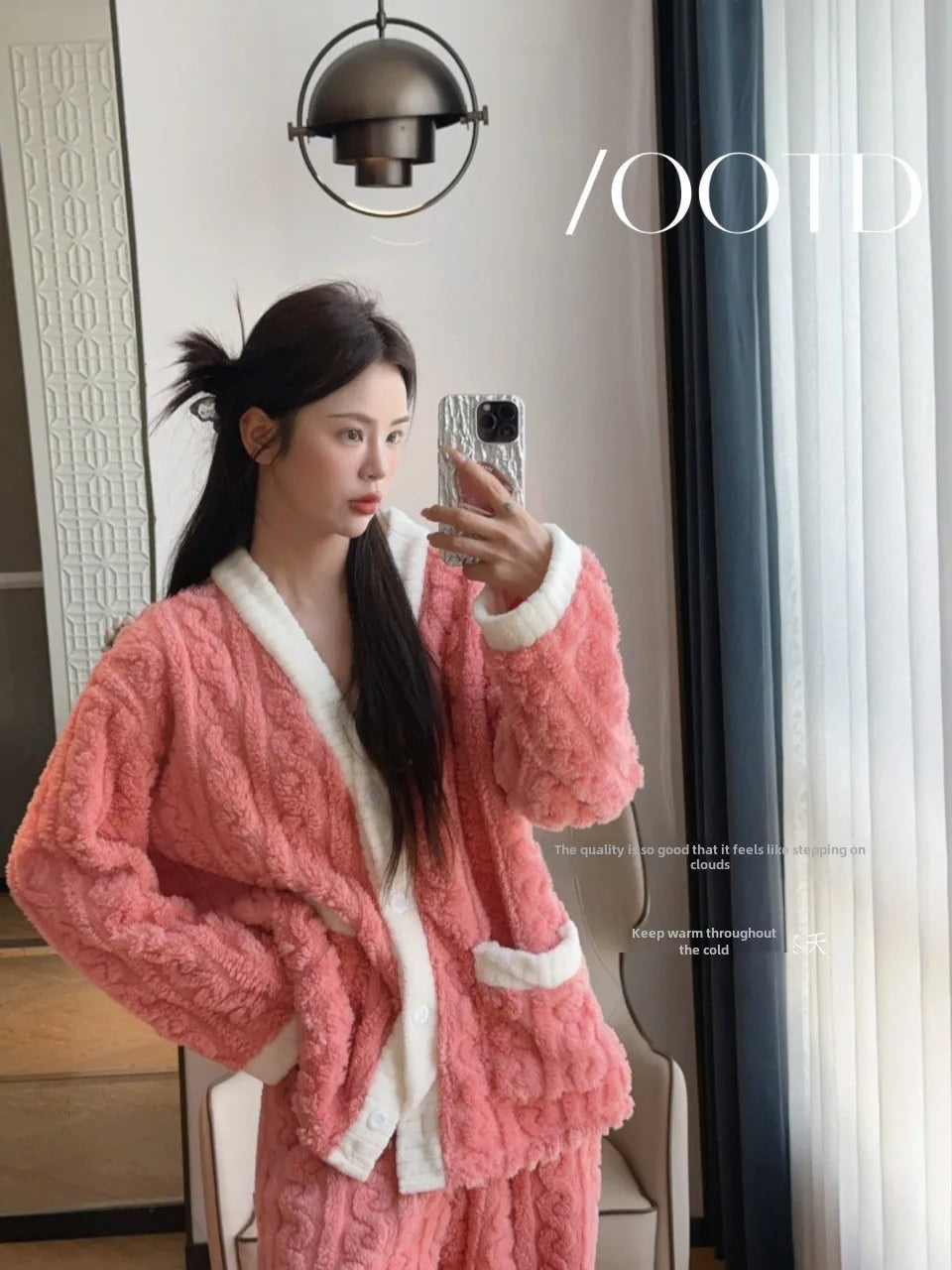 2pcs/Set Autumn and Winter Pajamas Women Thickened Padded Warm Students Coral Girls Clot Velvet Suit Homewear Cardigan Trousers