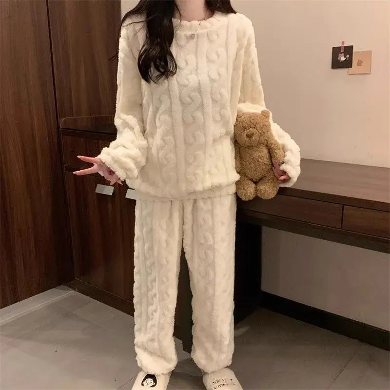 Autumn Winter Sweet Coral Fleece Pajamas Women Fleece-lined Thickened 2025 New Zip-up Flannel Warm Home Wear Set