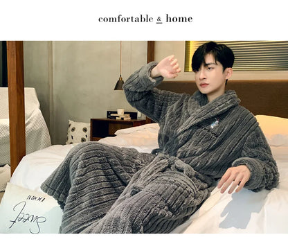 Turn-down V-neck Robes for Men 2025 New Winter Warm Flannel Robes Solid Soft Thick Fleece Sleepwear Male Casual Loose Home Wear