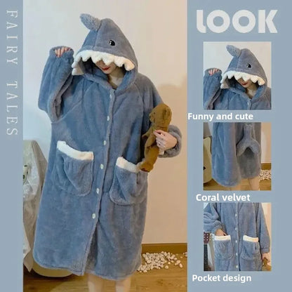 Cute Plush Bear Robe Women's Autumn Winter Coral Fleece Thickened One-Piece Sleepwear Home Clothes Robe Comfortable Homewear