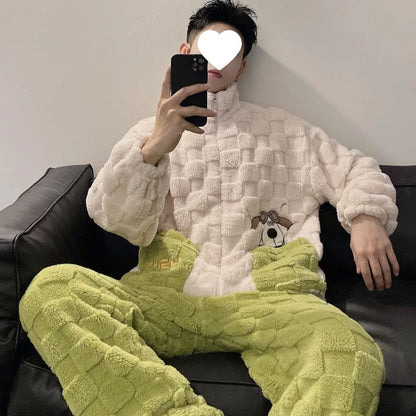 2025 Autumn Winter Coral Fleece Thickened Flannel Sleepwear Home Clothes Set for Men Breathable Long Sleeve Long Pants Pajamas