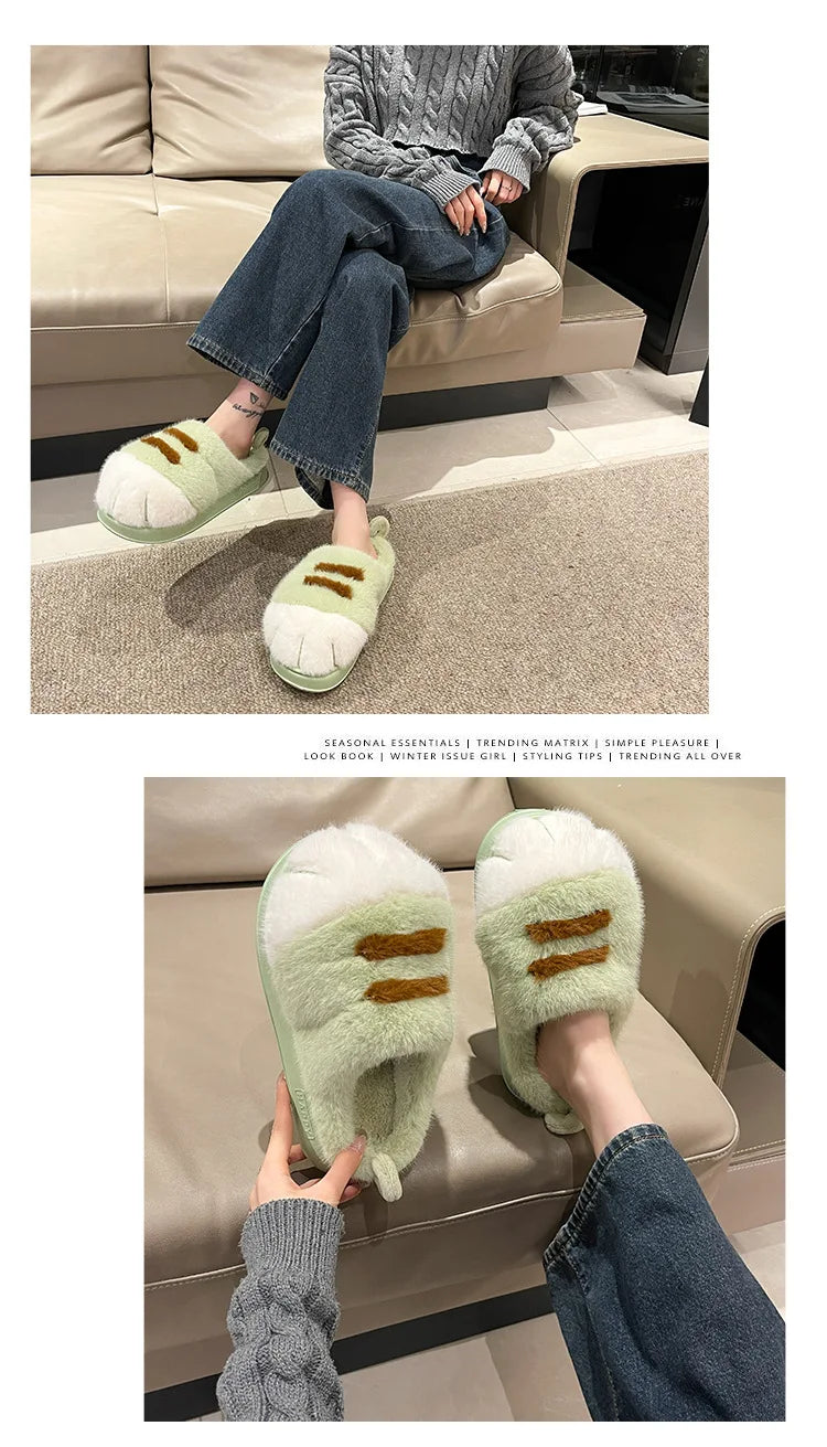 New Adorable Kitty Claw Slippers Women's Home Shoes Non Slip Furry Mules Female Fashion Warm Fluffy Slides Outdoor Cat Slippers