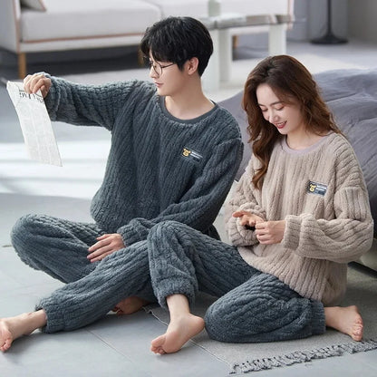 Thickened Coral Fleece Long Sleeve Sleepwear for Couples Spring Autumn Winter Flannel Warm Home Clothes Men Women Winter Home Py
