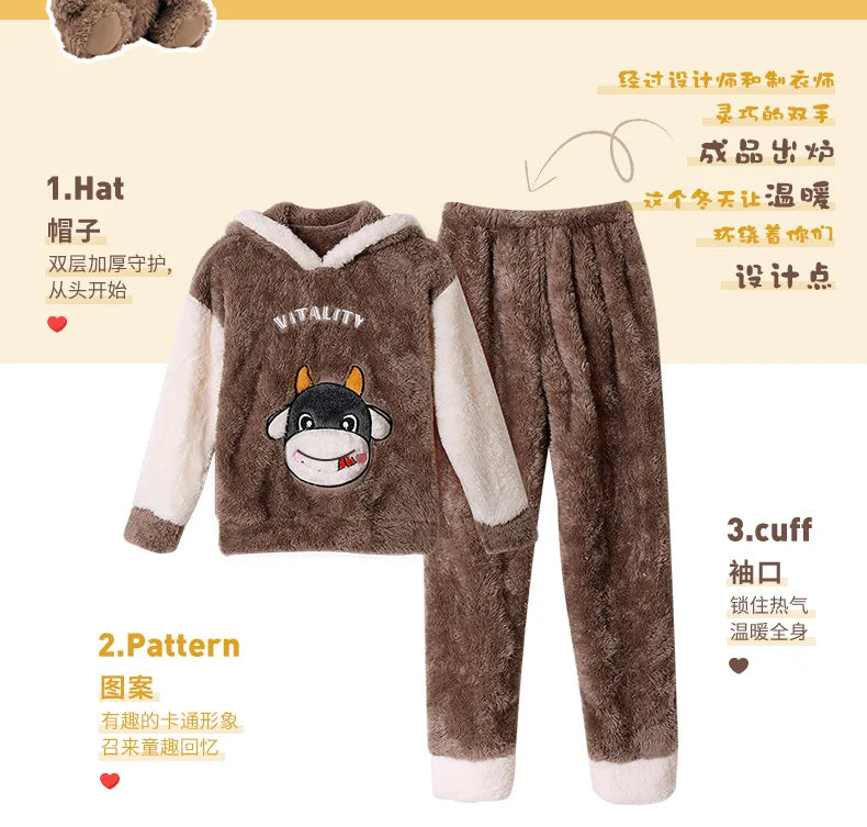 Winter Kids Fleece Pajamas Panda Children Clothing Sets Thick Hooded Pijamas for 4 6 8 12 Years Animal Cartoon Warm Home Clothes