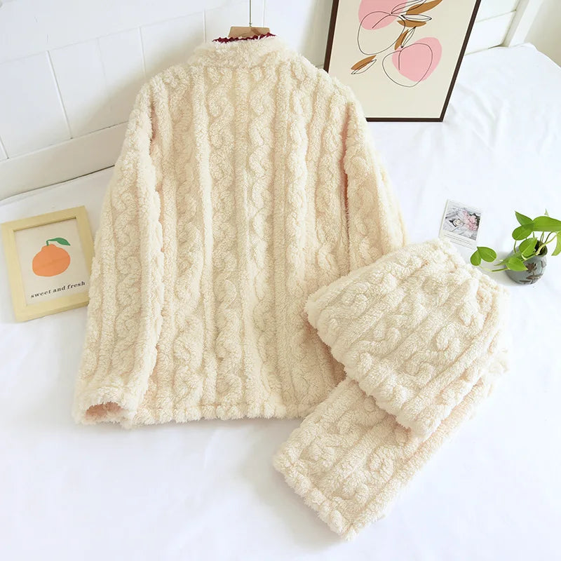 Thickened Flannel Sleepwear Set for Women Long Sleeve Long Pants Embroidered Home Clothes Soft Comfortable Winter Outfit
