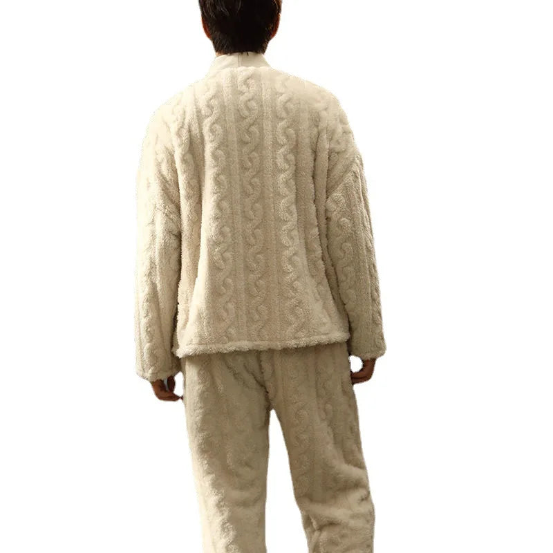 Thickened Long Flannel Pajamas Couples Sleepwear V-neck Embroidered Solid Coral Fleece Home Clothes Set for Autumn And Winter