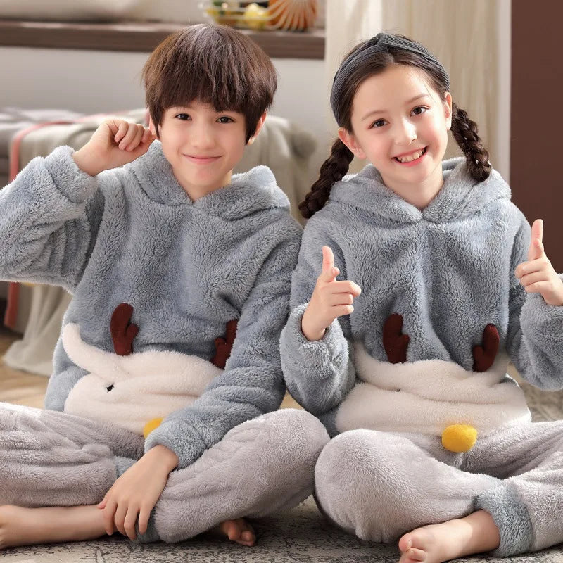 Winter Kids Fleece Pajamas Panda Children Clothing Sets Thick Hooded Pijamas for 4 6 8 12 Years Animal Cartoon Warm Home Clothes