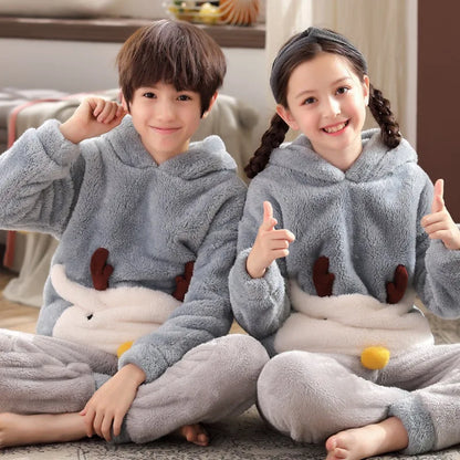 Winter Kids Fleece Pajamas Panda Children Clothing Sets Thick Hooded Pijamas for 4 6 8 12 Years Animal Cartoon Warm Home Clothes