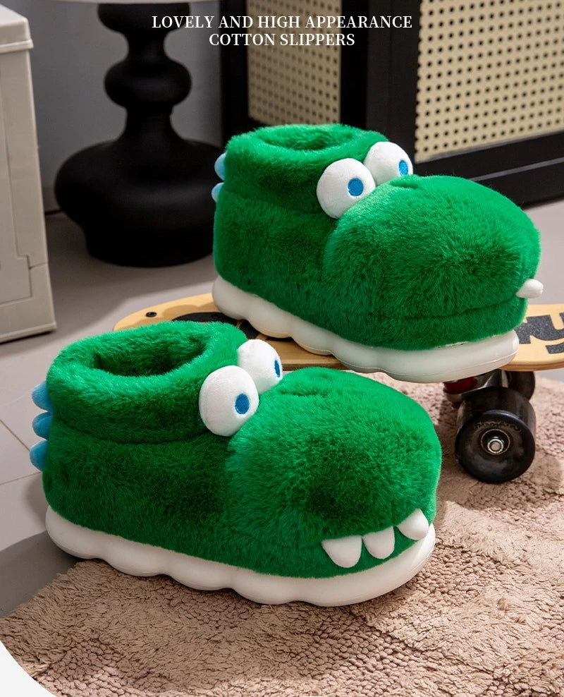 Winter Warm Shoes Woman Men Indoor Fluffy Slippers Cute Cartoon Crocodile Thick Sole Soft Plush Couples Home Floor Snow Boots