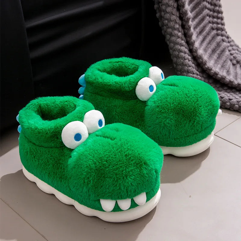 Winter Warm Shoes Woman Men Indoor Fluffy Slippers Cute Cartoon Crocodile Thick Sole Soft Plush Couples Home Floor Snow Boots