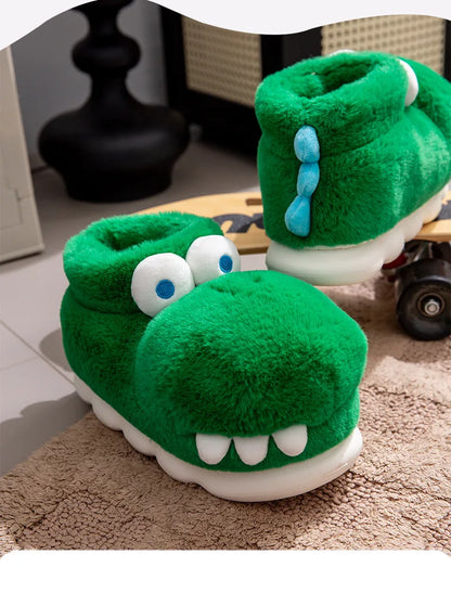 Winter Warm Shoes Woman Men Indoor Fluffy Slippers Cute Cartoon Crocodile Thick Sole Soft Plush Couples Home Floor Snow Boots
